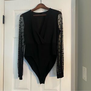 SHEIN Women's V Neck Mesh Bodysuit Trendy Stretch Long Sleeve One Piece Jumpsuit